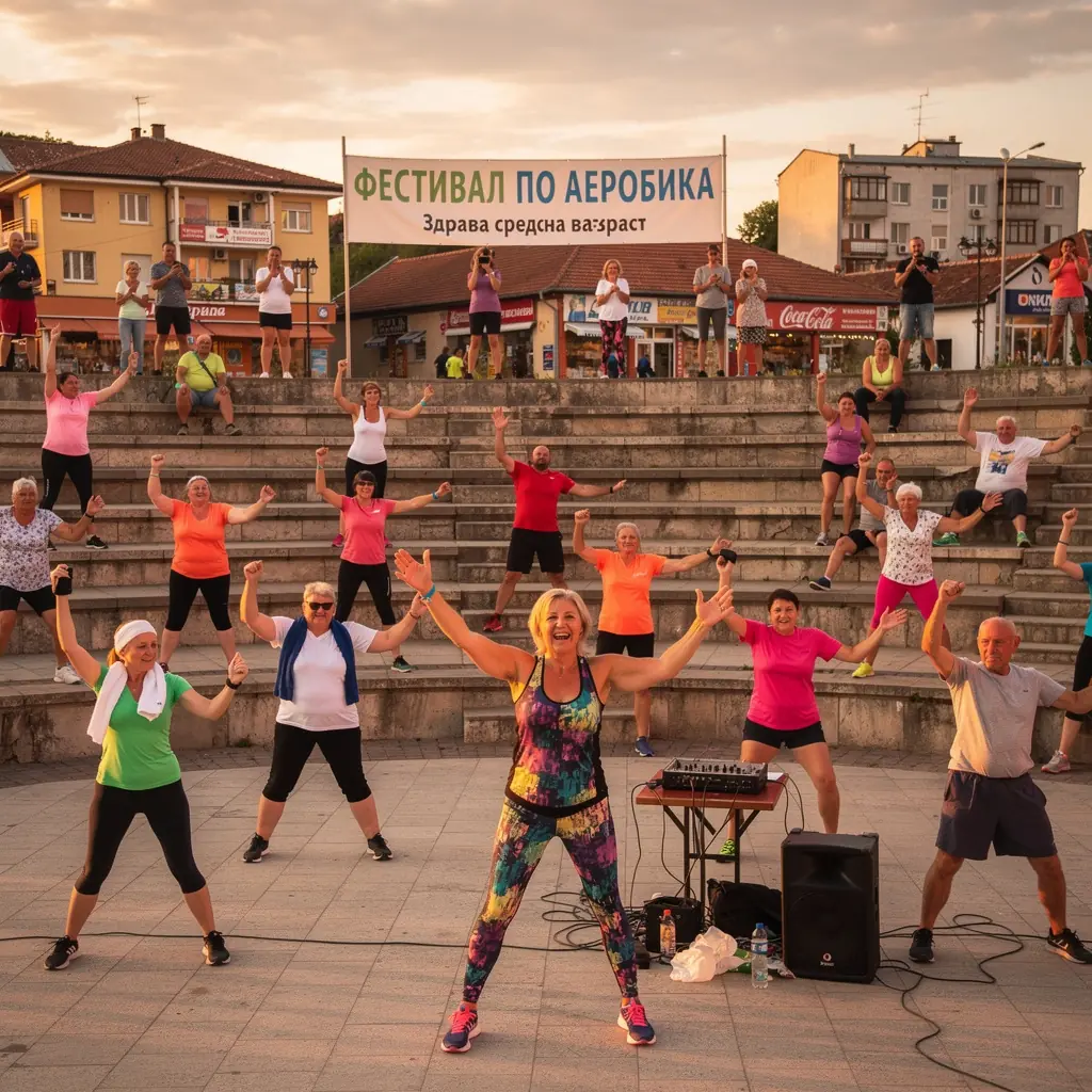 Мъж на средна възраст изпълнява силови упражнения с дъмбели в парка.