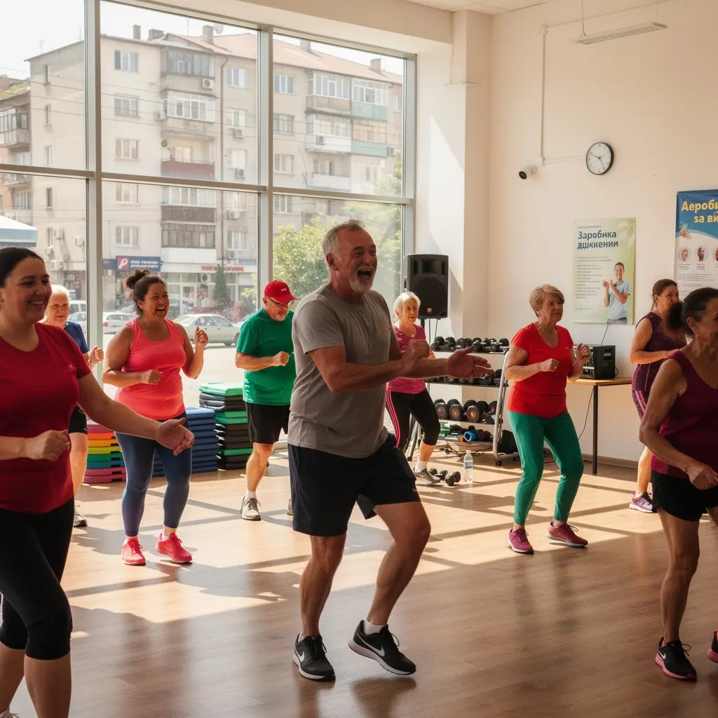 Инструктор по фитнес демонстрира упражнения за сила и гъвкавост.