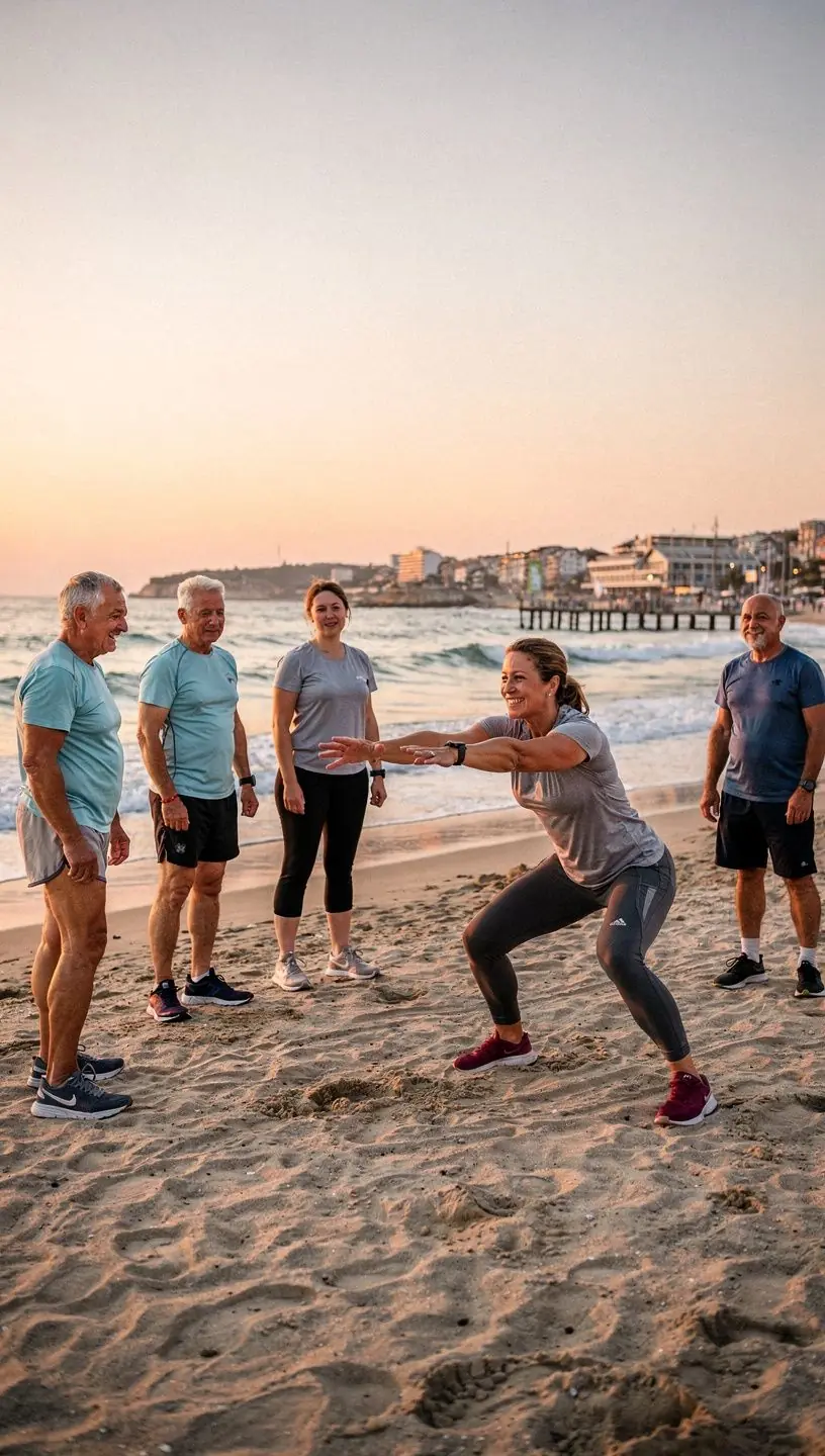 Тренировъчна зала, оборудвана с постелки и дъмбели, готова за онлайн занятия.