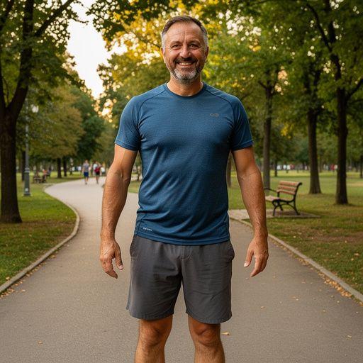 Жена, практикуваща аеробика у дома с весели цветни легини и удобна тениска.