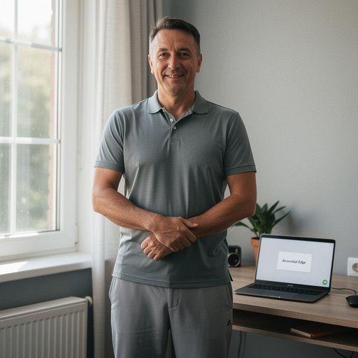 Треньор, демонстриращ упражнения за сила и гъвкавост в светло студио с големи прозорци.